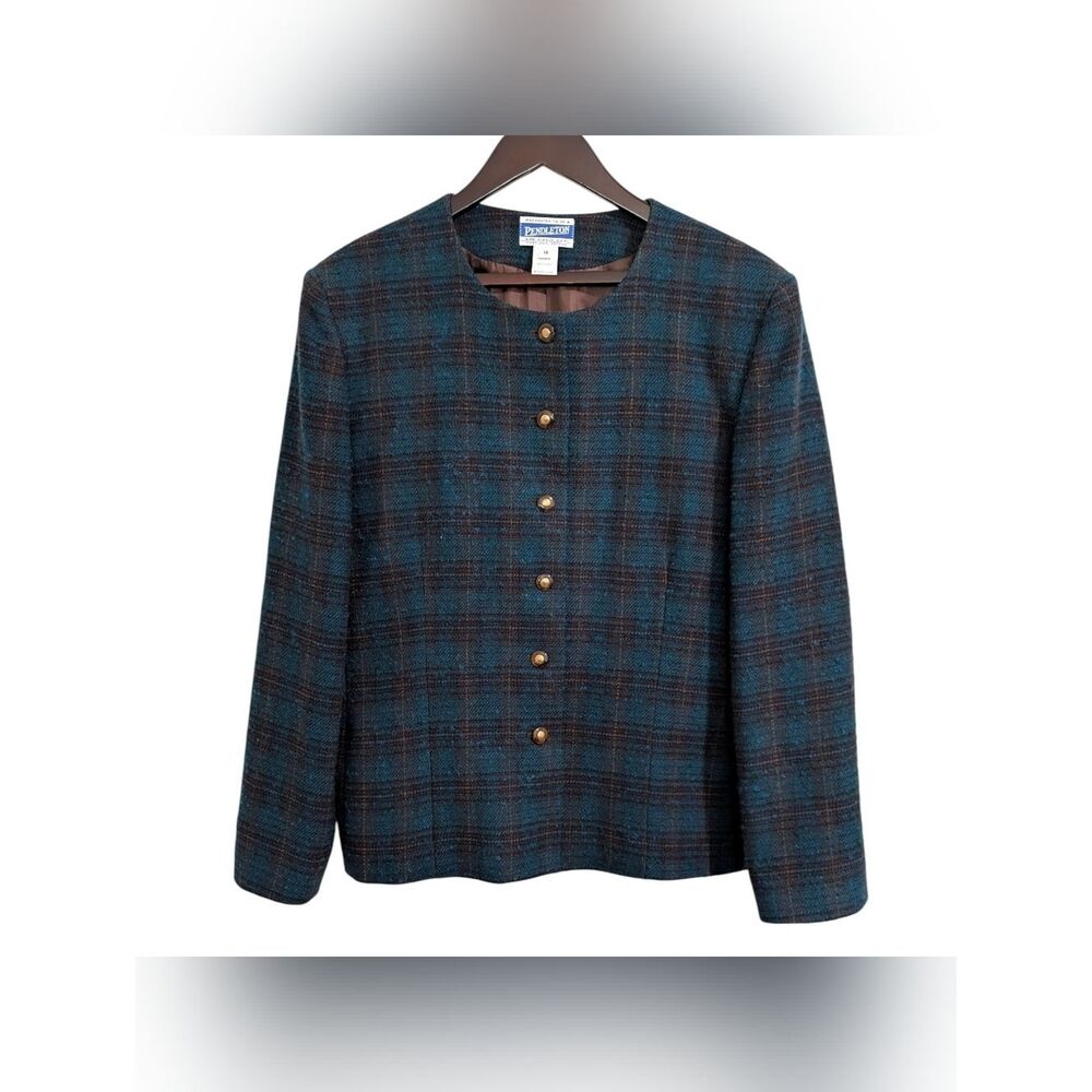Pendleton Vintage 100% Virgin Wool Plaid Collarless Blazer Jacket Size 14